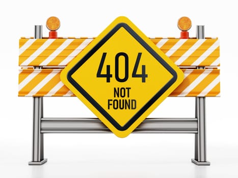 Roadblock with 404 not found signboard. 3D illustration.