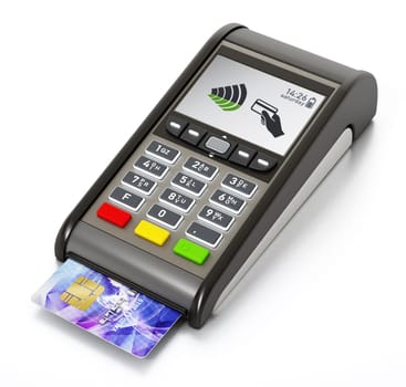 POS machine and credit card isolated on white background. 3D illustration.