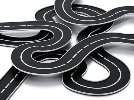 Tangled road isolated on white background. 3D illustration.