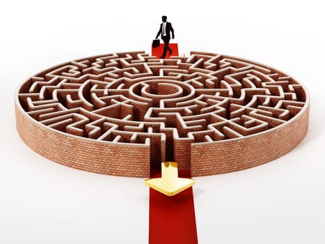 Silhouette of a businessman standing at the door of round maze. 3D illustration.