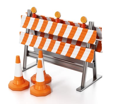 Road block with orange traffic cones isolated on white background. 3D illustration.
