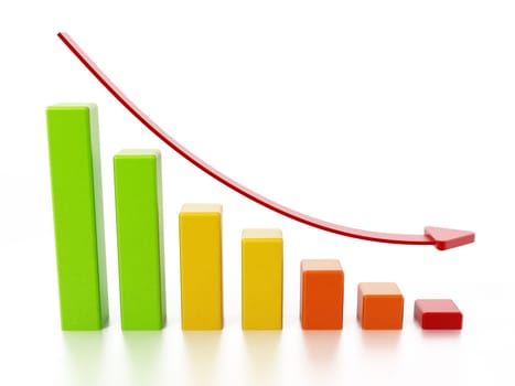 Stat bars and falling arrow showing a downward trend. 3D illustration.