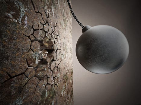 Wrecking ball demolishes old wall. 3D illustration.