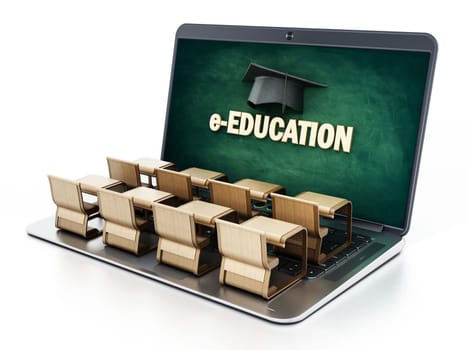 Student desks on laptop computer keyboard. 3D illustration.