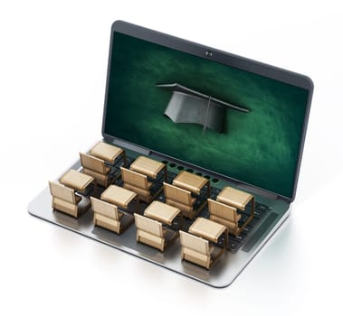 Student desks on laptop computer keyboard. 3D illustration.
