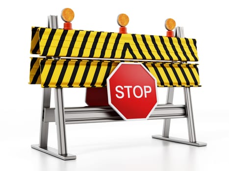 Road block with stop sign isolated on white background. 3D illustration.