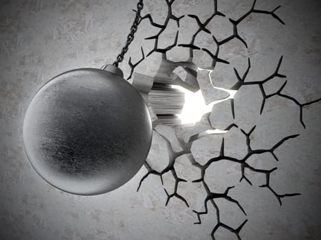 Wrecking ball demolishes old wall. 3D illustration.