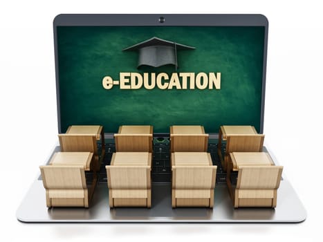 Student desks on laptop computer keyboard. 3D illustration.