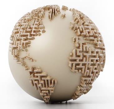 Globe with maze walls as the continents. 3D illustration.