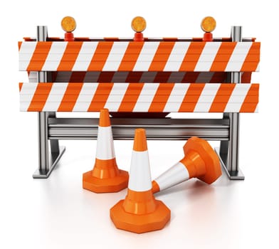Road block with orange traffic cones isolated on white background. 3D illustration.