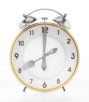 Alarm clock serving plate ith fork and knife. 3D illustration.