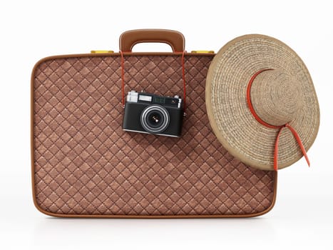 Vintage camera and women's hat hanging on suitcase. 3D illustration.