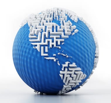 Globe with maze walls as the continents. 3D illustration.
