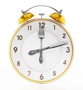 Alarm clock serving plate ith fork and knife. 3D illustration.