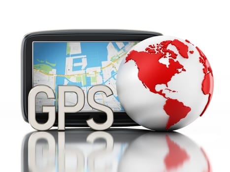 GPS Global Positioning System and globe isolated on white background. 3D illustration.
