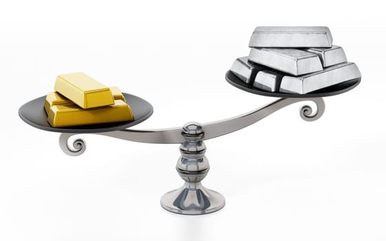 Gold and silver ingots standing on two sides of a balanced scale. 3D illustration.