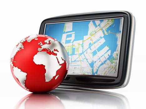 GPS Global Positioning System and globe isolated on white background. 3D illustration.