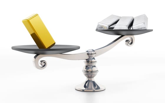 Gold and silver ingots standing on two sides of a balanced scale. 3D illustration.
