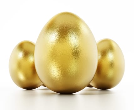 Shiny golden eggs isolated on white background. 3D illustration.