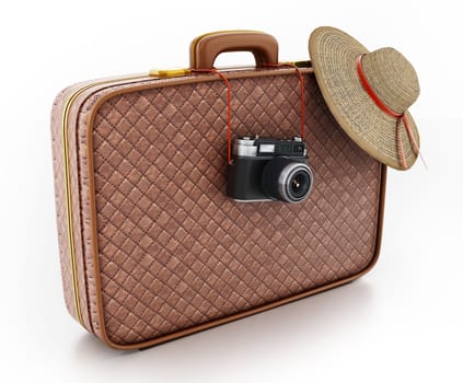 Vintage camera and women's hat hanging on suitcase. 3D illustration.