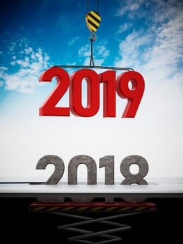 2019 number carried by crane replaces 2018. 3D illustration.