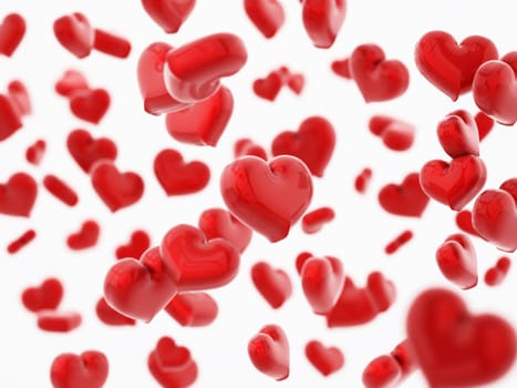 Falling hearts background with DOF effect. 3D illustration.