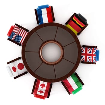 G7 flags standing around round table. 3D illustration.