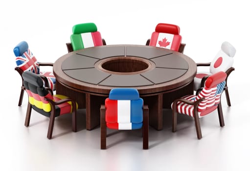 G7 flags standing around round table. 3D illustration.