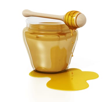 Honey jar and dipper isolated on white background. 3D illustration.