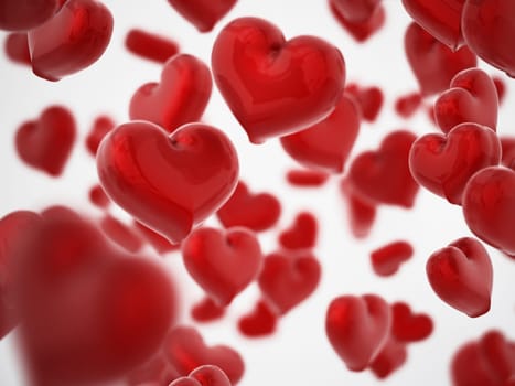 Falling hearts background with DOF effect. 3D illustration.