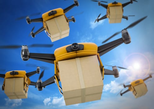 Unmanned drone carrying cargo box. 3D illustration.