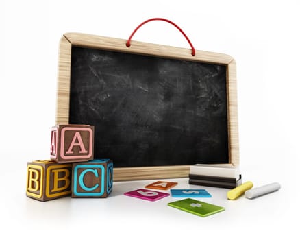 Toy blackboard, education cubes, two chalks and eraser isolated on white background. 3D illustration.