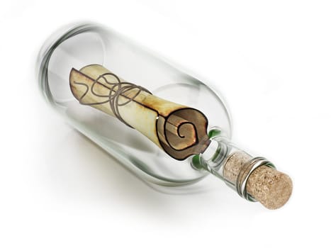 Message in a bottle isolated on white background. 3D illustration.