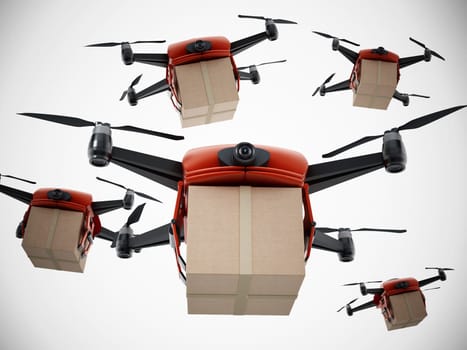 Unmanned drone carrying cargo box. 3D illustration.