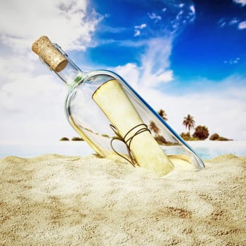 Message in a bottle standing on the beach sand. 3D illustration.