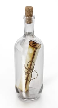 Message in a bottle isolated on white background. 3D illustration.