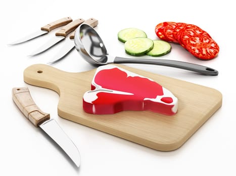 Meat cutting board, knives and vegetable slices. 3D illustration.