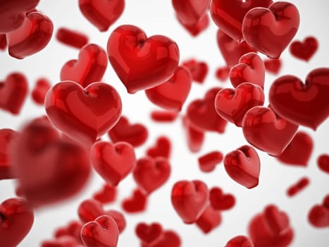 Falling hearts background with DOF effect. 3D illustration.
