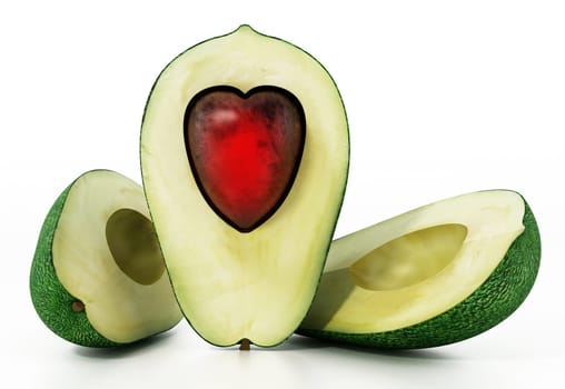Heart shaped avocados isolated on white background. 3D illustration.