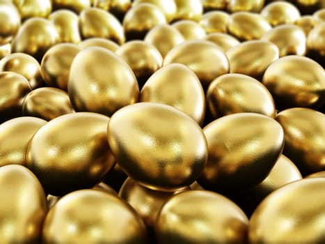 Stack of shiny golden eggs. 3D illustration.