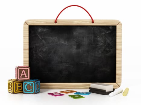 Toy blackboard, education cubes, two chalks and eraser isolated on white background. 3D illustration.