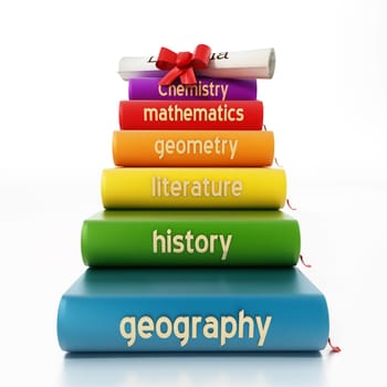 School course books forming a staircase through a diploma. 3D illustration.