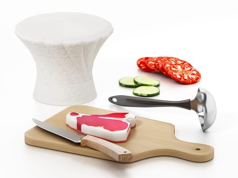 Chef's hat, cutting board, knives and vegetable slices. 3D illustration.