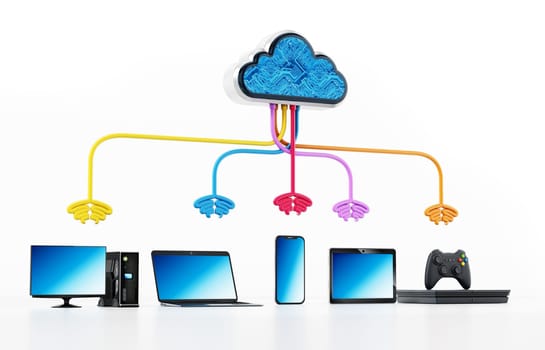 Cloud computing diagram with various connected device.. 3D illustration.