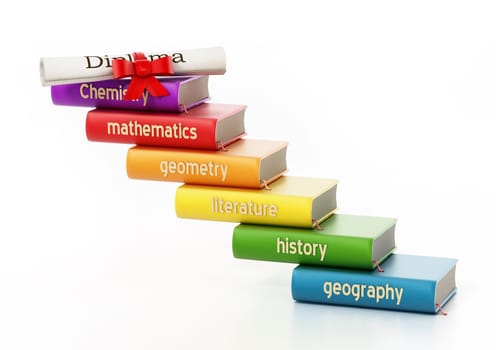 School course books forming a staircase through a diploma. 3D illustration.