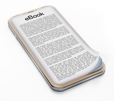 Book page on smartphone screen isolated on white background. 3D illustration.
