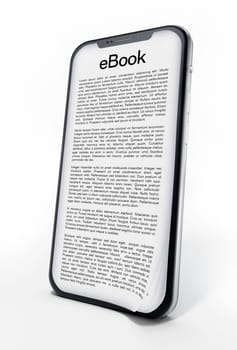 Book page on smartphone screen isolated on white background. 3D illustration.