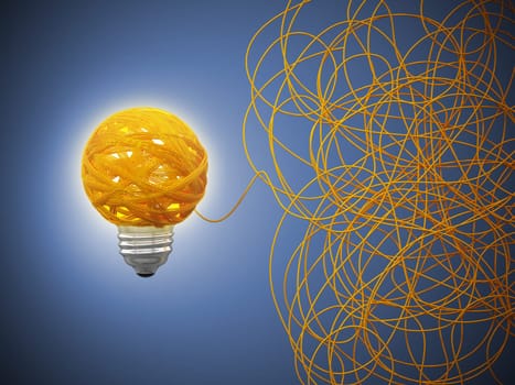 Tangled rope forming a lightbulb on blue background. 3D illustration.