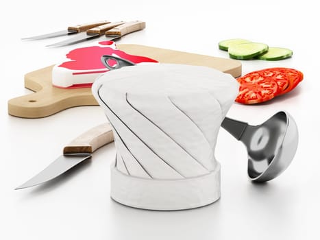 Chef's hat, cutting board, knives and vegetable slices. 3D illustration.