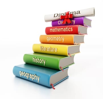 School course books forming a staircase through a diploma. 3D illustration.